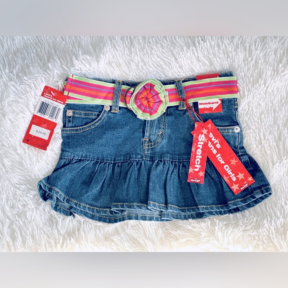 NWT SIZE 4 4T TODDLER GIRL LEVI’S JEAN SKIRT Denim blue ruffle stretchy belt NEW